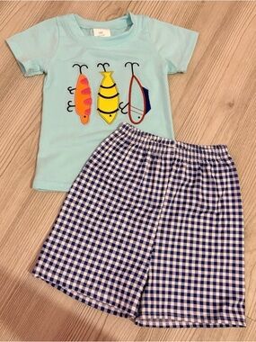 Kids Mint Fish Tee & Navy Gingham Shorts Matching Set